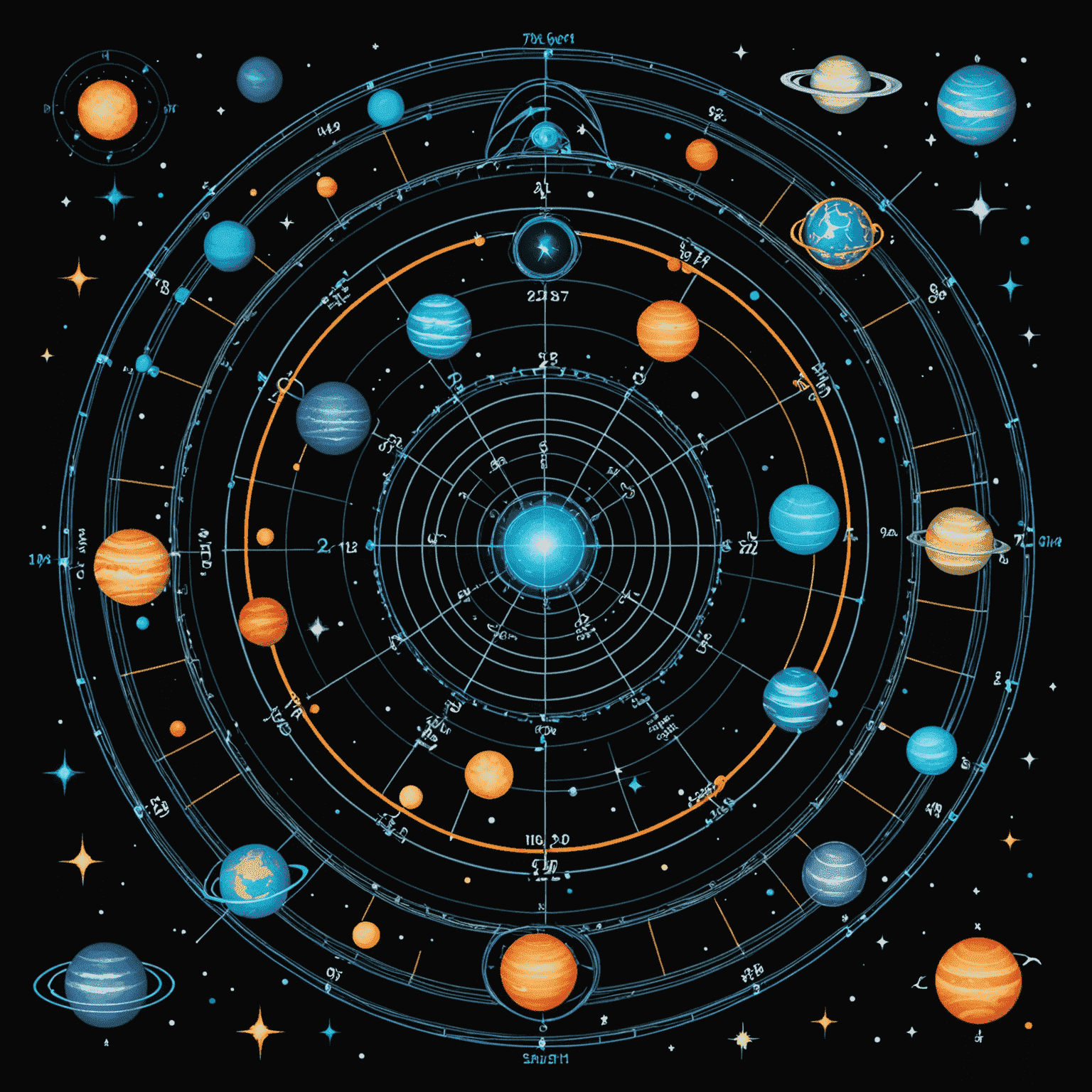 Визуализация на натална карта с планети, знаци и домове, изобразени в космически стил с неонови линии на черен фон